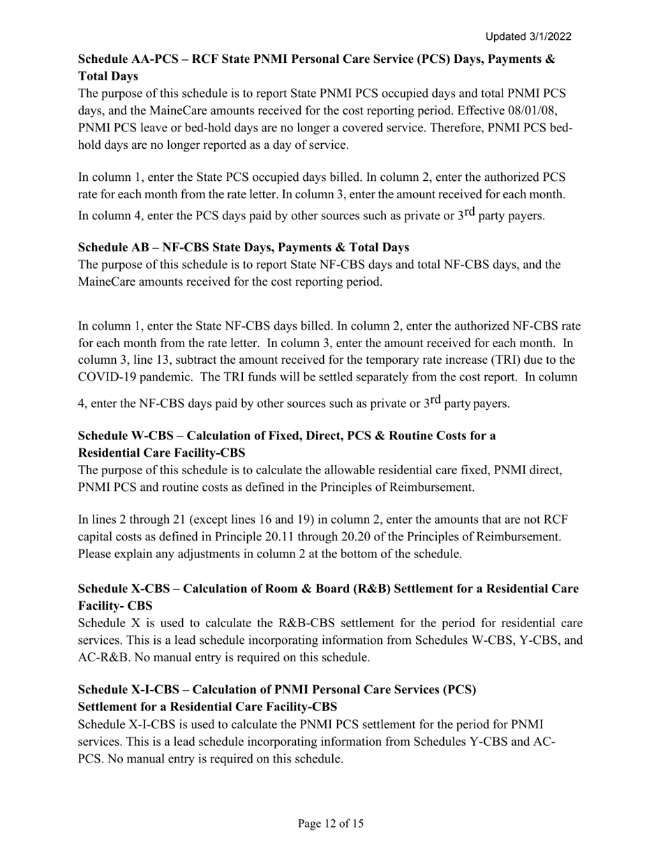 Instructions for Mainecare Cost Report for Multilevel Nursing Facilities With 1 Rcf Unit, Nf Community Based Specialty, and Rcf Community Based Specialty - Maine, Page 12