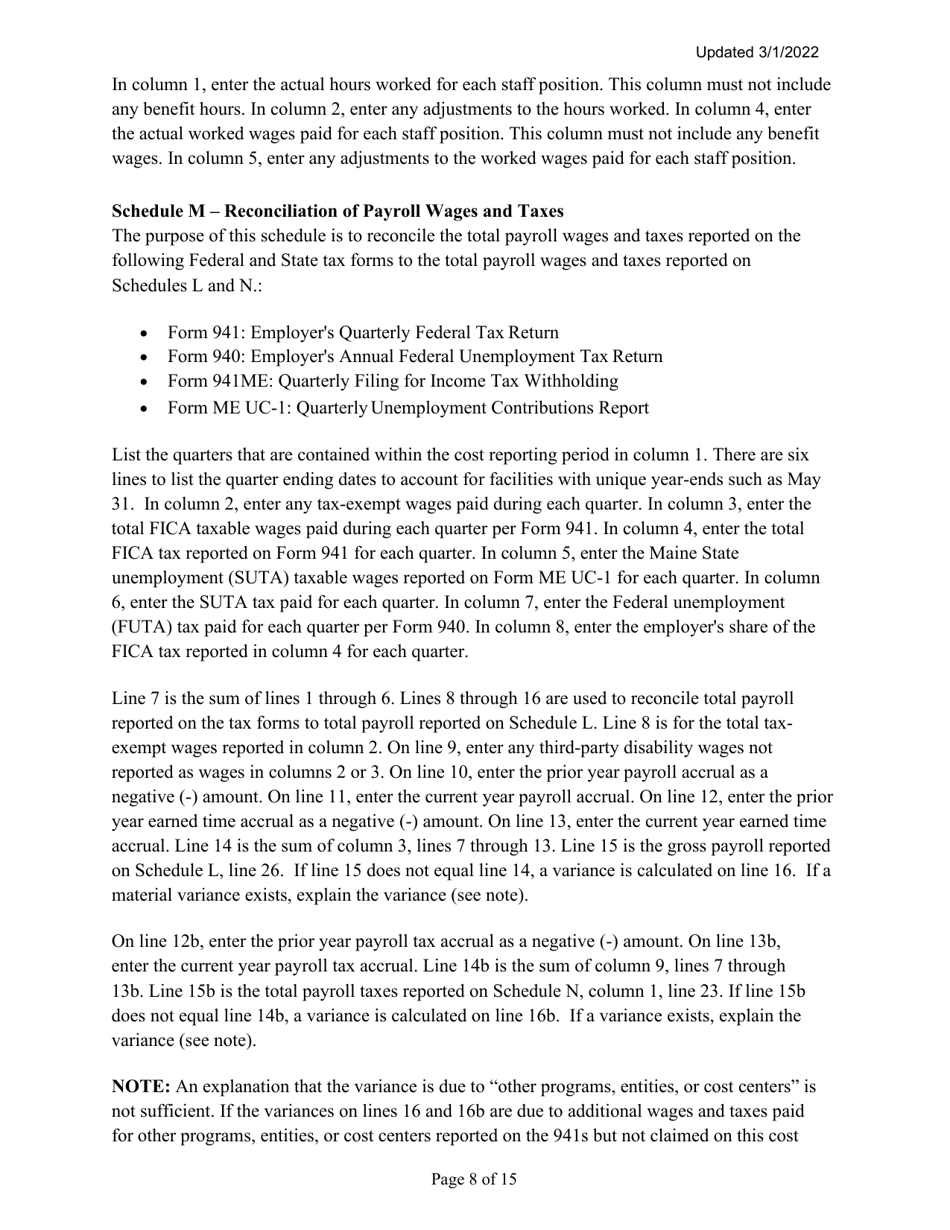 Instructions for Mainecare Cost Report for Multilevel Nursing Facilities With 1 Rcf Unit, Nf Community Based Specialty, and Rcf Community Based Specialty - Maine, Page 8