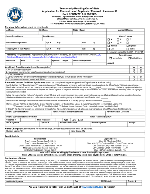 Form DPSMV2013 Temporarily Residing out-Of-Stat Application for Reconstructed Duplicate/Renewal License or Id Card - Louisiana