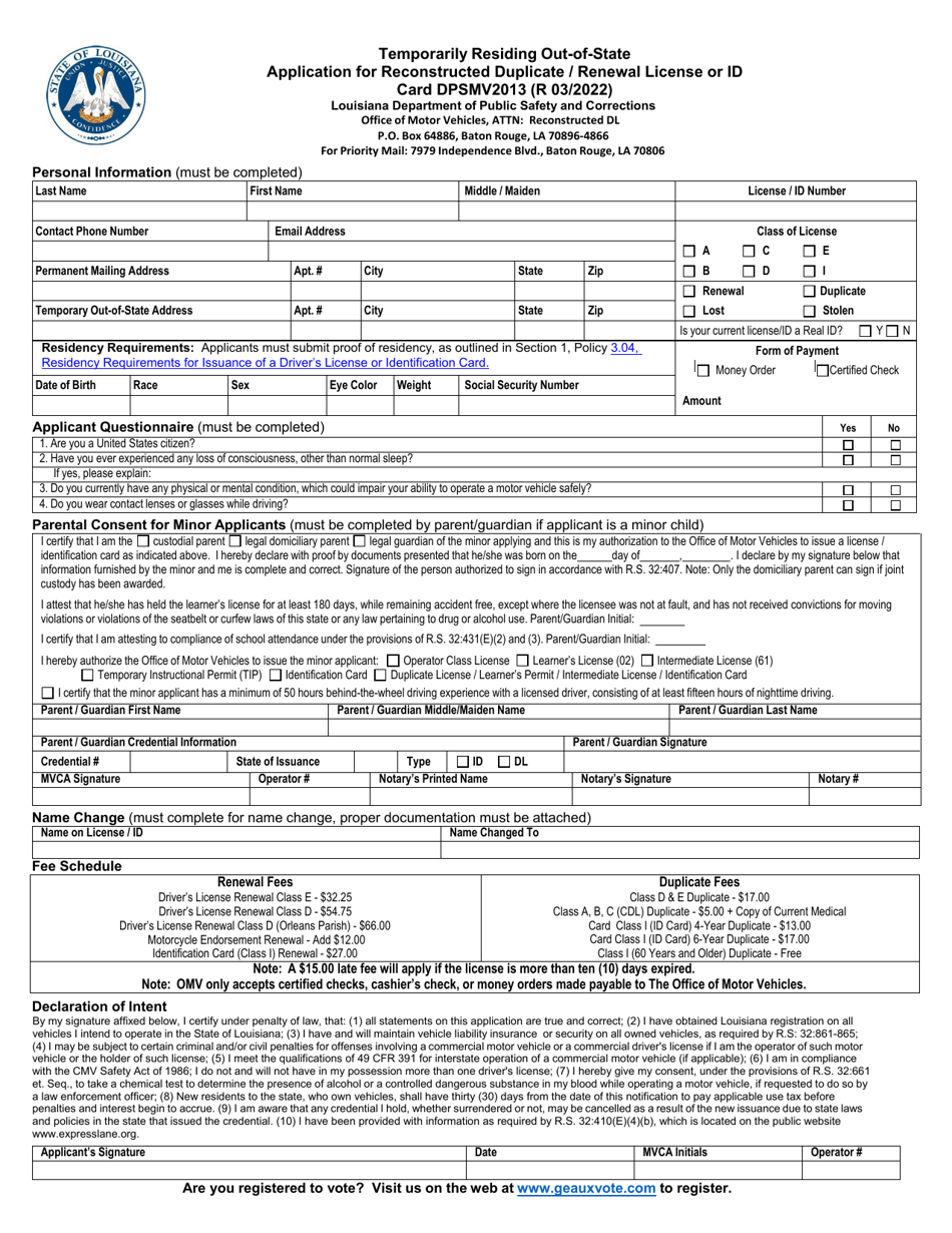 Form DPSMV2013 Temporarily Residing out-Of-Stat Application for Reconstructed Duplicate / Renewal License or Id Card - Louisiana, Page 1