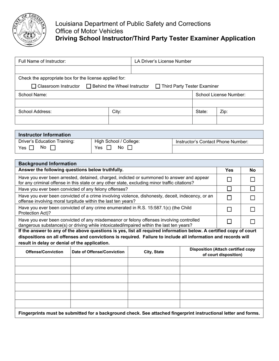 Driving School Instructor / Third Party Tester Examiner Application - Louisiana, Page 1