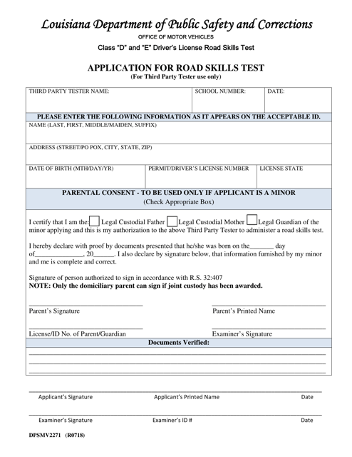 Form DPSMV2271 Application for Road Skills Test (For Third Party Tester Use Only) - Class "d" and "e" Driver's License Road Skills Test - Louisiana