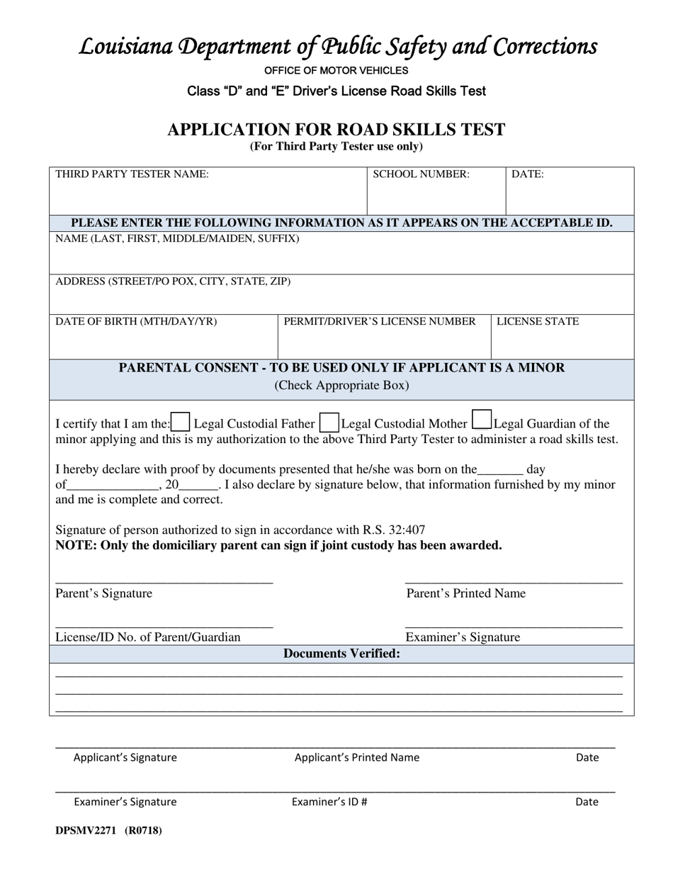 Form DPSMV2271 Application for Road Skills Test (For Third Party Tester Use Only) - Class d and e Drivers License Road Skills Test - Louisiana, Page 1