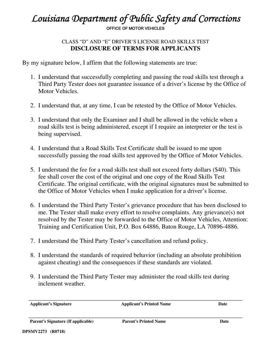 Form DPSMV2271 Application for Road Skills Test (For Third Party Tester Use Only) - Class d and e Drivers License Road Skills Test - Louisiana, Page 2