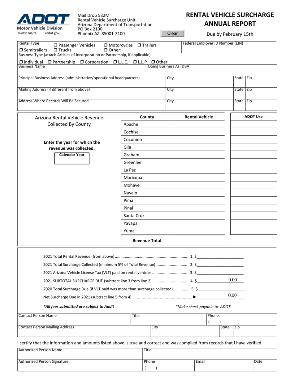 Form 96-0290 Rental Vehicle Surcharge Annual Report - Arizona, Page 1
