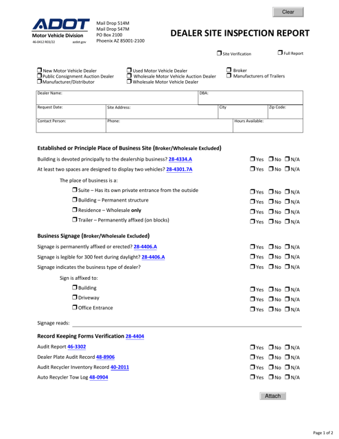 Form 46-0412 Dealer Site Inspection Report - Arizona