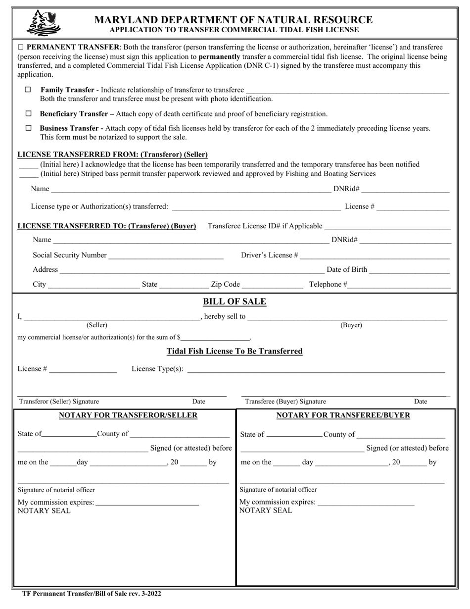 Application to Transfer Commercial Tidal Fish License - Maryland, Page 1