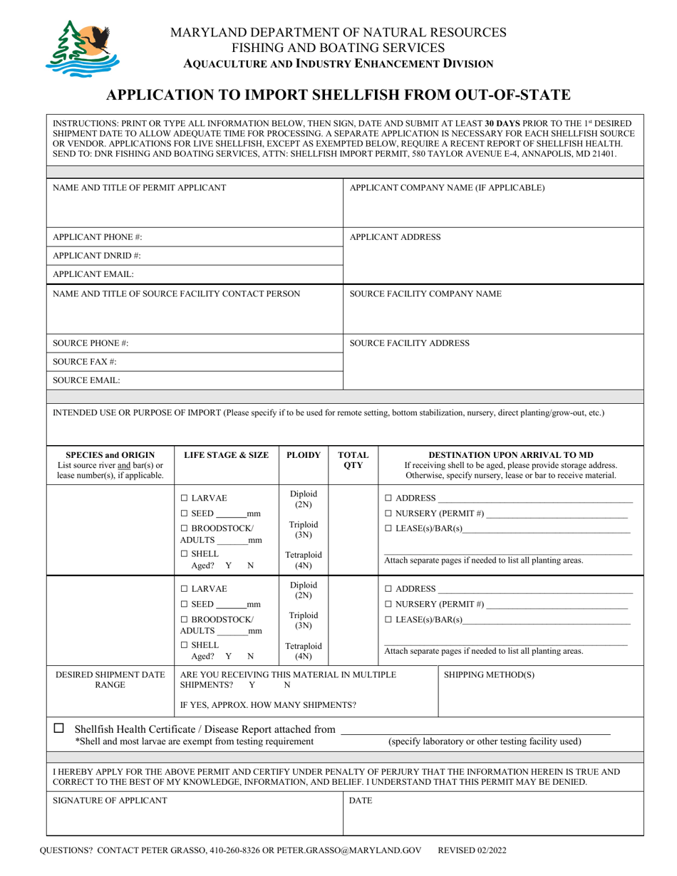 Application to Import Shellfish From out-Of-State - Maryland, Page 1