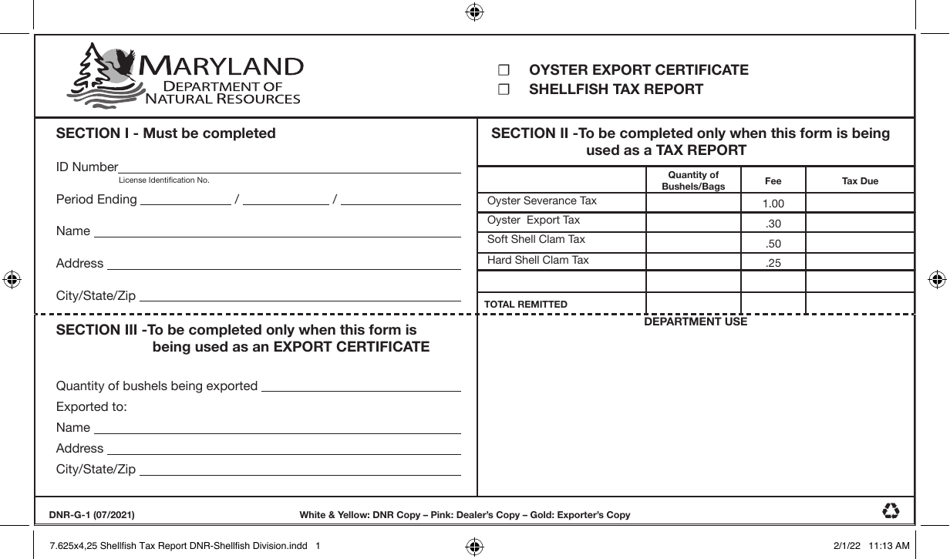 Form DNR-G-1 Shellfish Dealer Tax Report - Maryland, Page 1