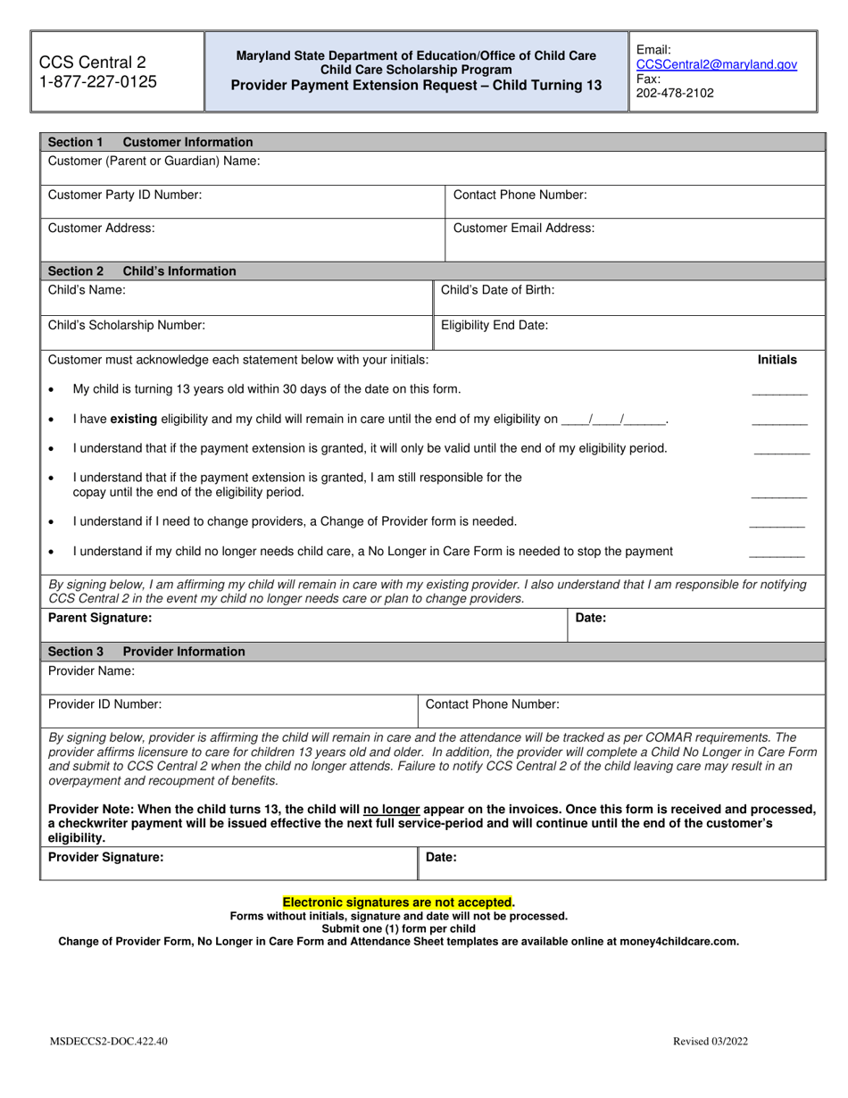 Form DOC.422.40 Provider Payment Extension Request - Child Turning 13 - Child Care Scholarship Program - Maryland, Page 1