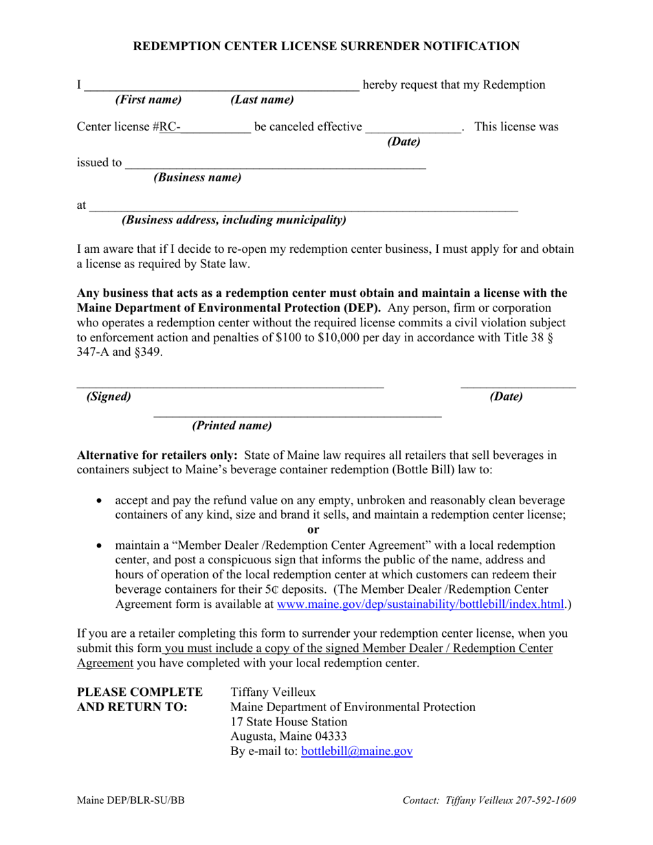 Redemption Center License Surrender Notification - Maine, Page 1