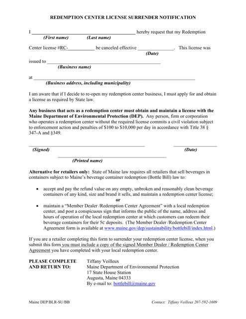 Redemption Center License Surrender Notification - Maine Download Pdf