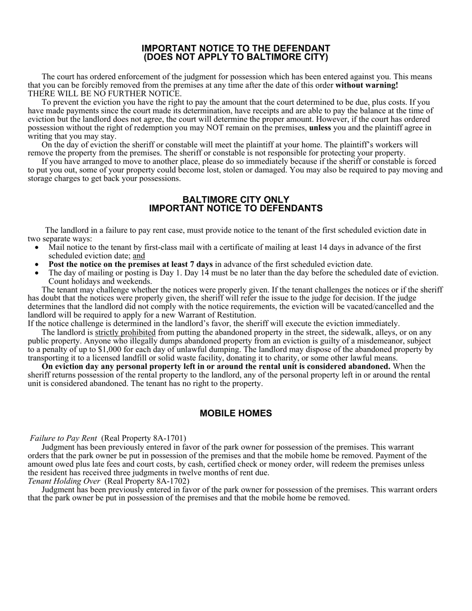 Form CC-CV-081 Petition for Warrant of Restitution - Maryland, Page 2