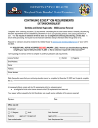 Document preview: Continuing Education Requirements Extension Request - Dentists and Dental Hygienists - License Renewal - Maryland, 2022