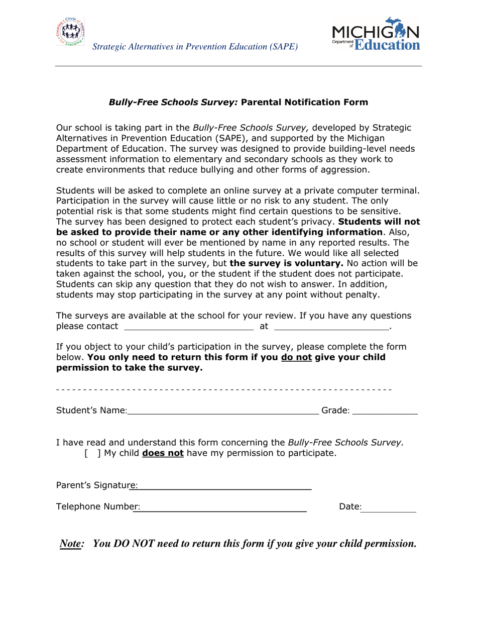 Parental Notification Form - Bully-Free Schools Survey - Michigan, Page 1