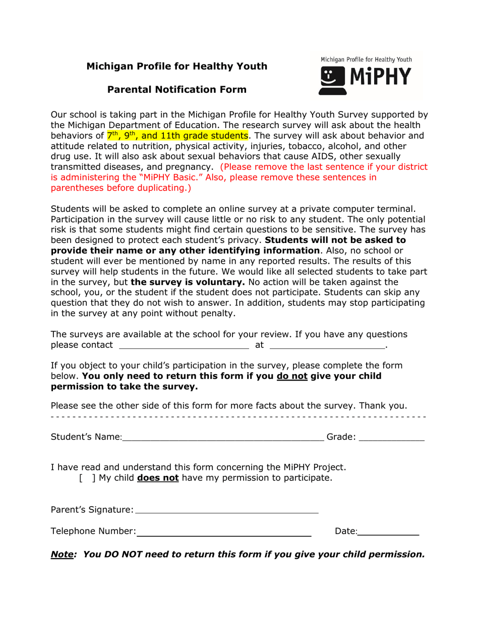 Parental Notification Form - Michigan Profile for Healthy Youth - Michigan, Page 1