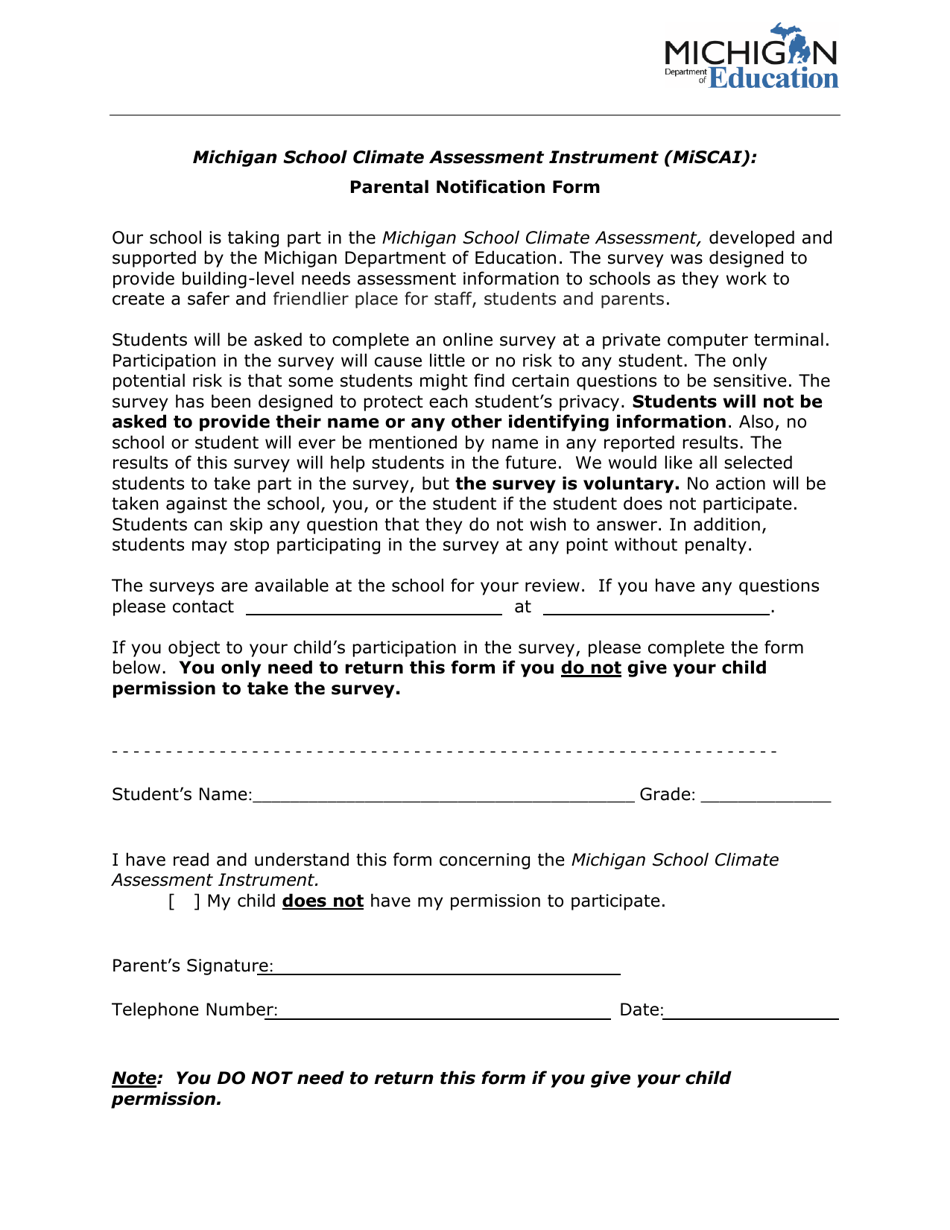 Parental Notification Form - Michigan School Climate Assessment Instrument (Miscai) - Michigan, Page 1