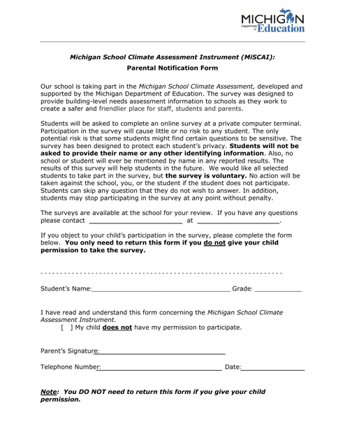 Parental Notification Form - Michigan School Climate Assessment Instrument (Miscai) - Michigan Download Pdf