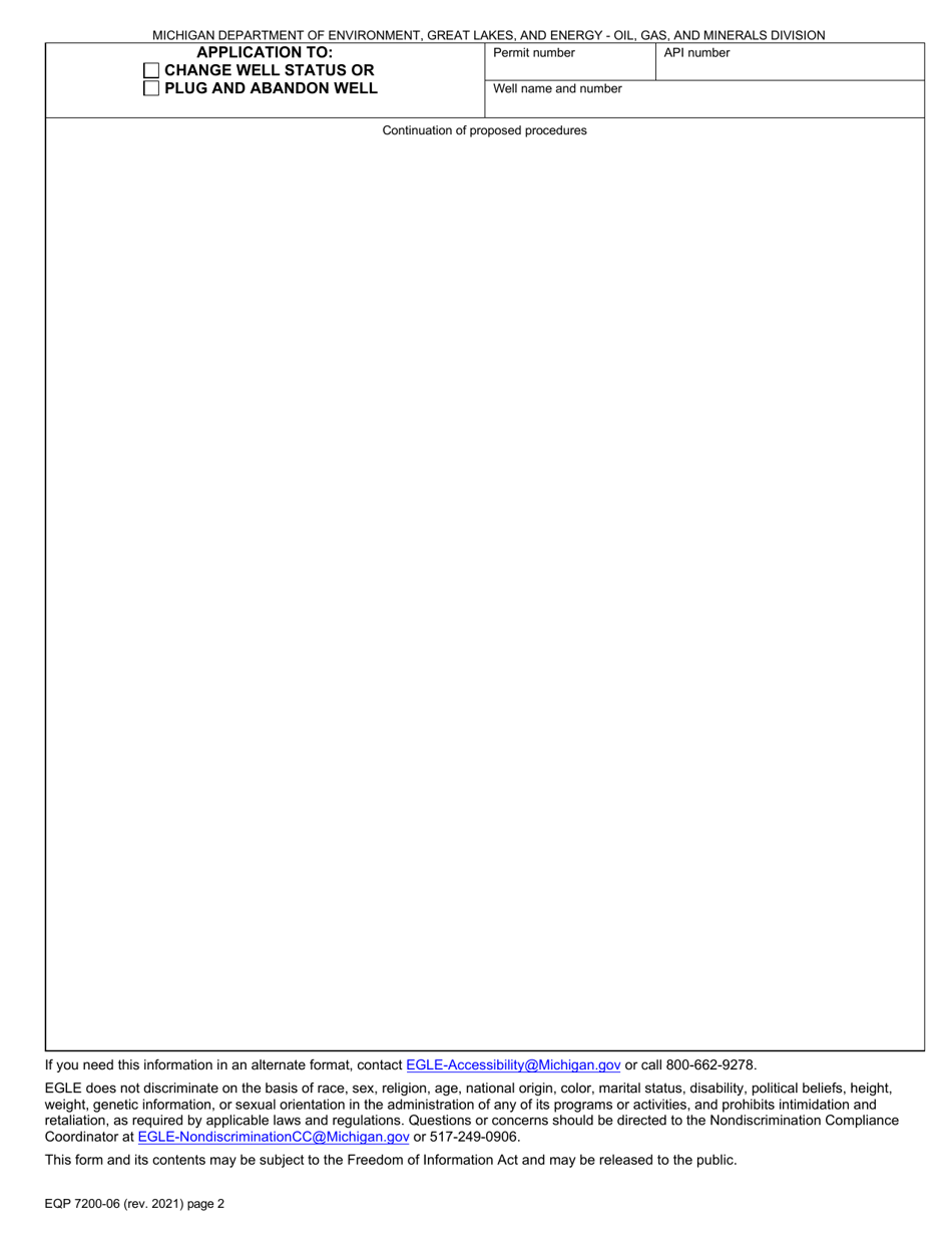 Form EQP7200-6 Application to Change Well Status and / or Plug and Abandon - Michigan, Page 2
