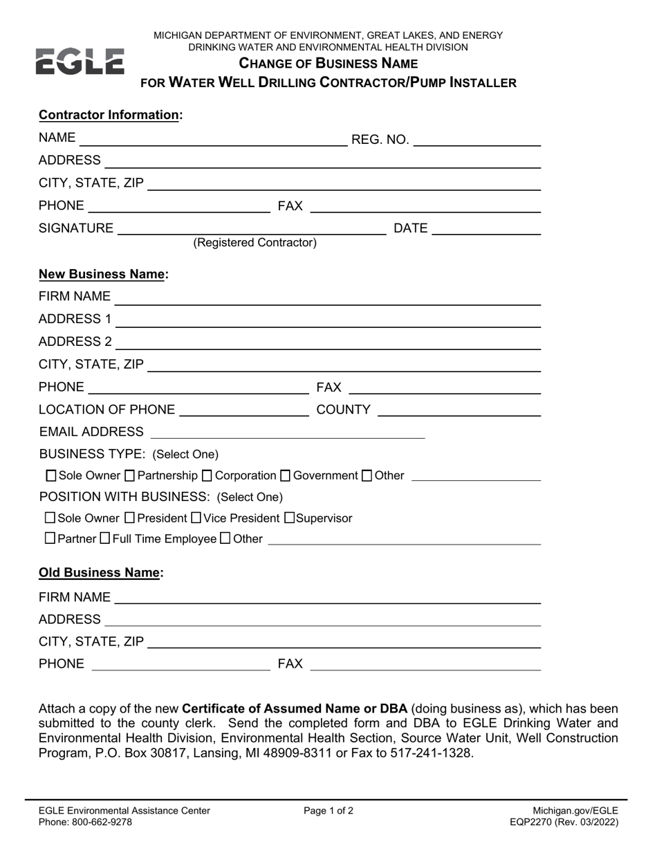 Form EQP2270 Change of Business Name for Water Well Drilling Contractor / Pump Installer - Michigan, Page 1