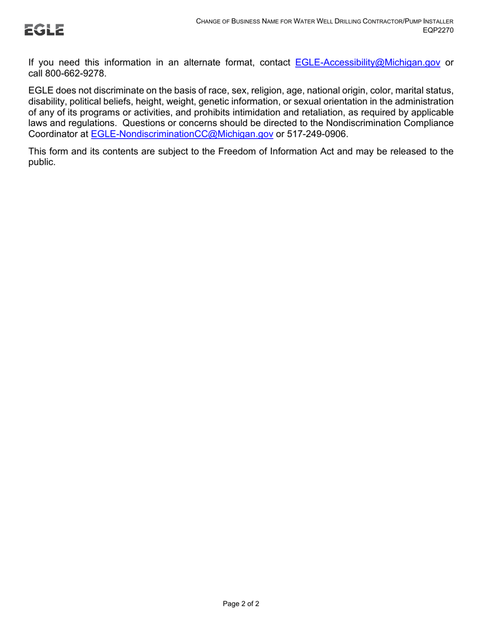 Form EQP2270 Change of Business Name for Water Well Drilling Contractor / Pump Installer - Michigan, Page 2