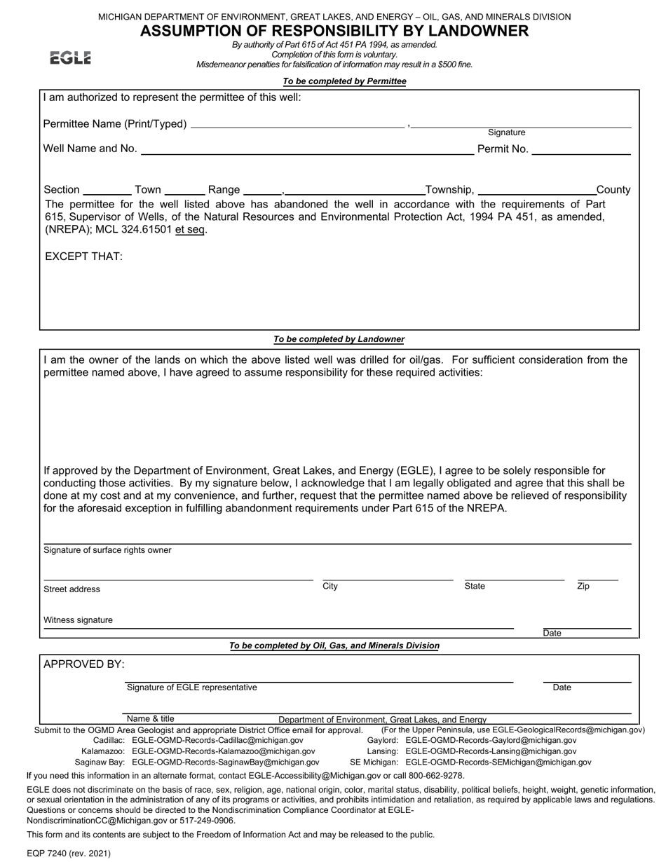 Form EQP7240 Assumption of Responsibility by Landowner - Michigan, Page 1