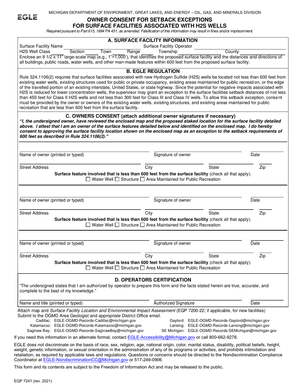 Form EQP7241 Owner Consent for Setback Exceptions for Surface Facilities Associated With H2s Wells - Michigan, Page 1