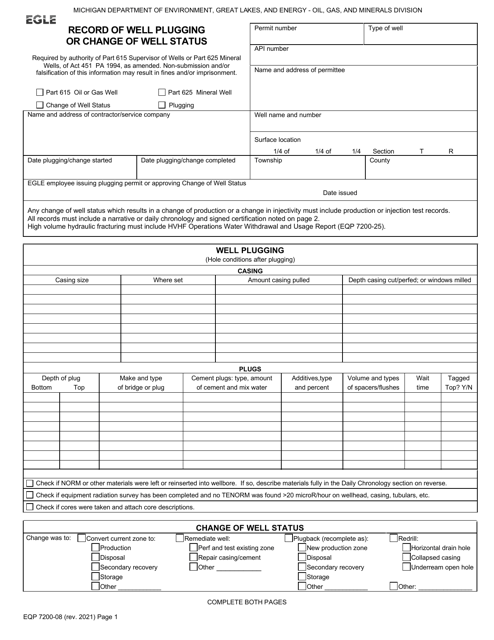 Form EQP7200-08 Record of Well Plugging or Change of Well Status - Michigan