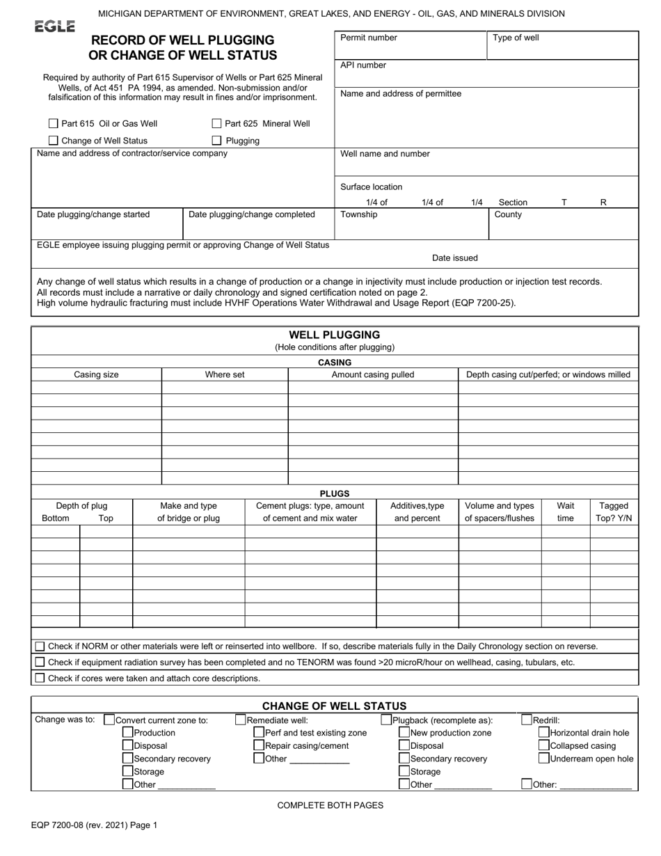 Form EQP7200-08 Record of Well Plugging or Change of Well Status - Michigan, Page 1