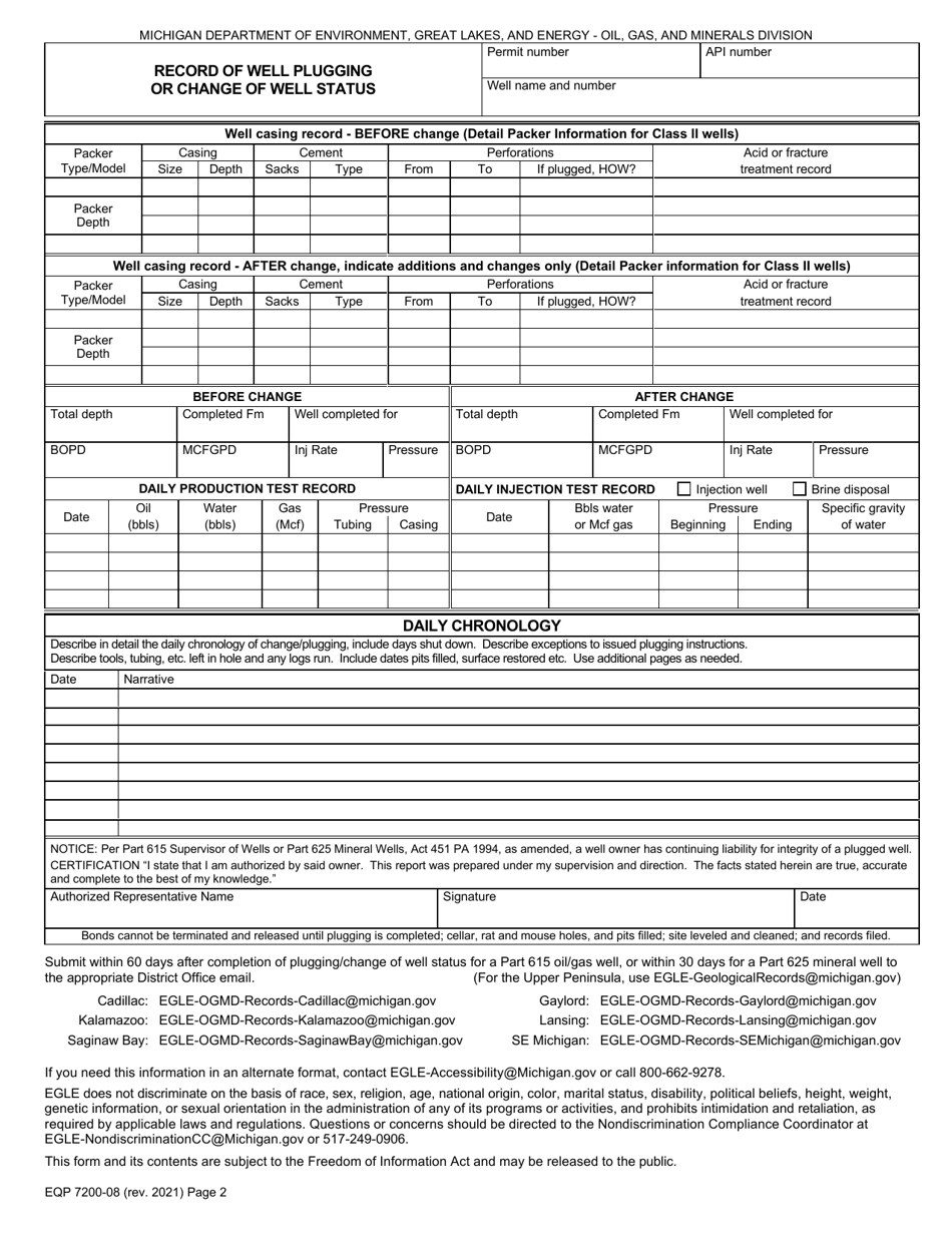 Form EQP7200-08 Record of Well Plugging or Change of Well Status - Michigan, Page 2