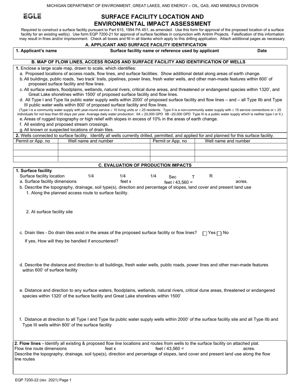 Form EQP7200-22 Surface Facility Location and Environmental Impact Assessment - Michigan, Page 1