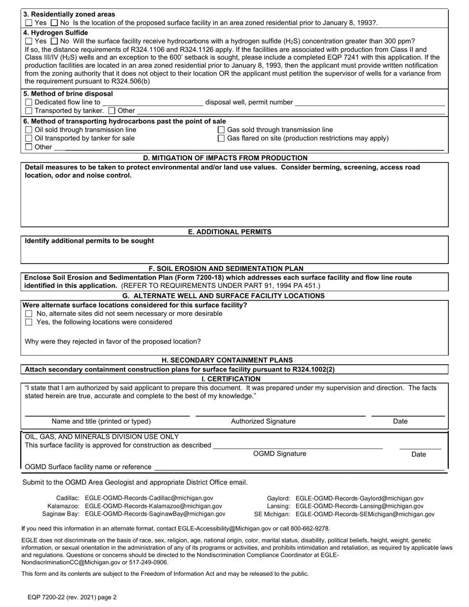 Form EQP7200-22 Surface Facility Location and Environmental Impact Assessment - Michigan, Page 2