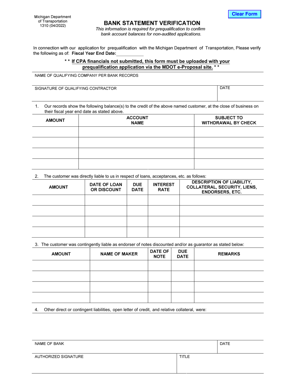 Form 1310 Bank Statement Verification - Michigan, Page 1