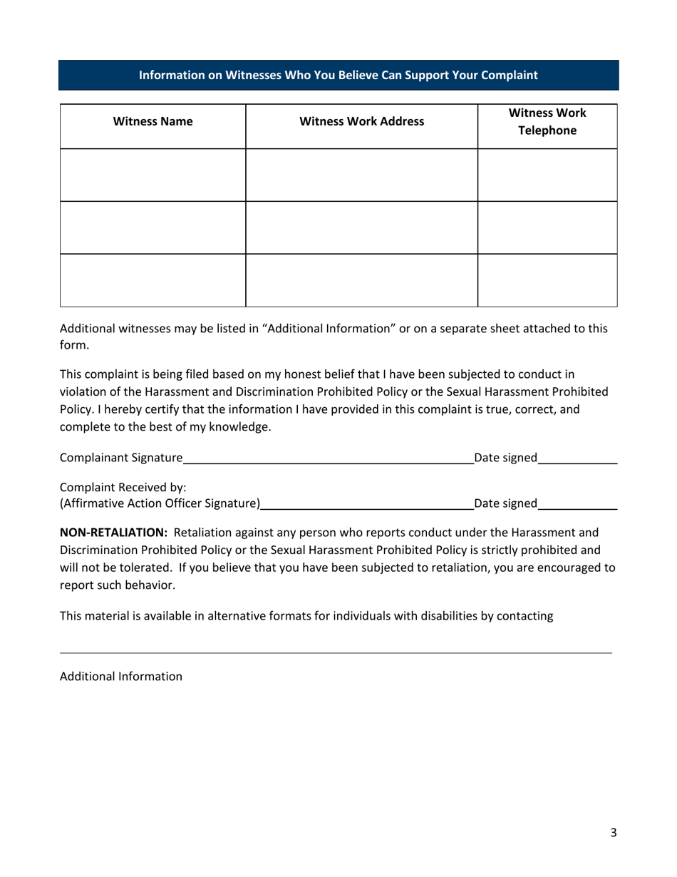 Harassment and Discrimination Prohibited / Sexual Harassment Prohibited Policies Complaint Form - Minnesota, Page 3