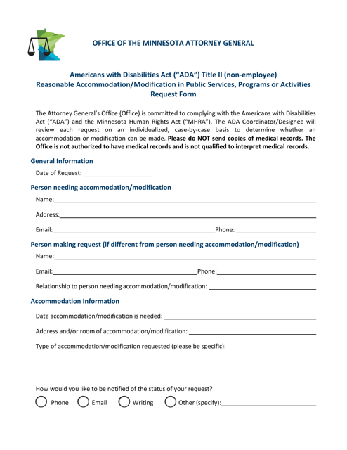 Americans With Disabilities Act (Ada) Title II (Non-employee) Reasonable Accommodation / Modification in Public Services, Programs or Activities Request Form - Minnesota Download Pdf