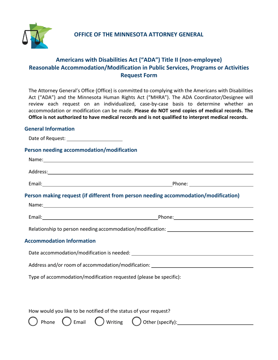 Americans With Disabilities Act (Ada) Title II (Non-employee) Reasonable Accommodation / Modification in Public Services, Programs or Activities Request Form - Minnesota, Page 1