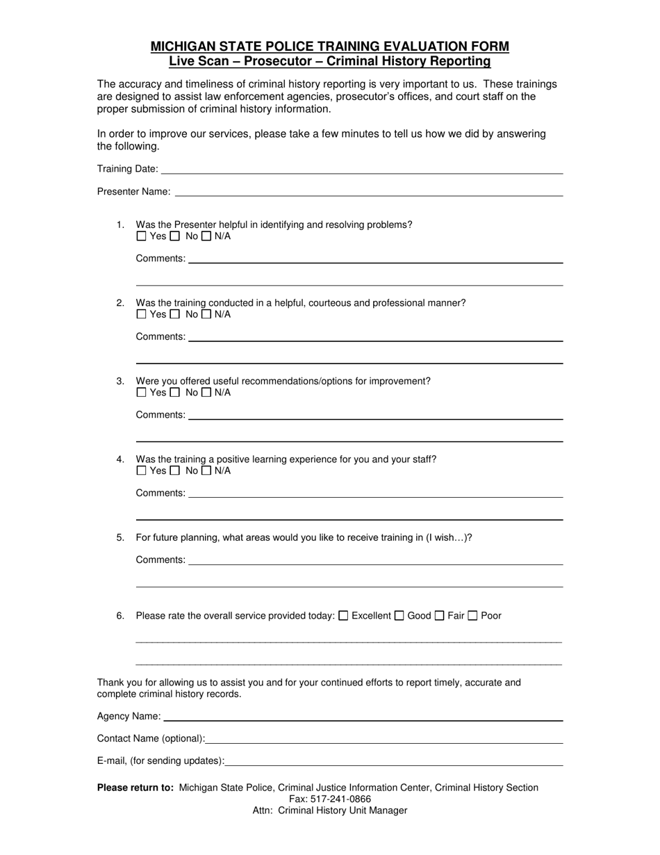 Training Evaluation Form - Live Scan - Prosecutor - Criminal History Reporting - Michigan, Page 1
