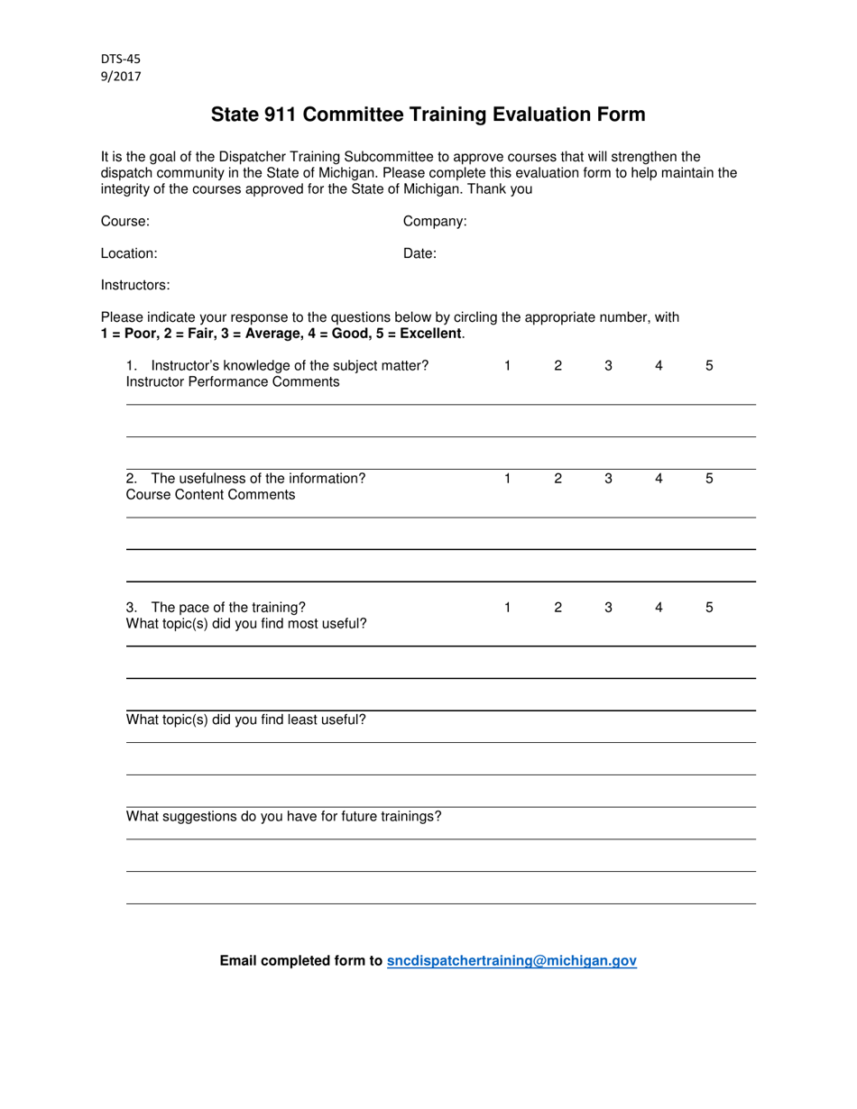 Form DTS45 State 911 Committee Training Evaluation Form - Michigan, Page 1