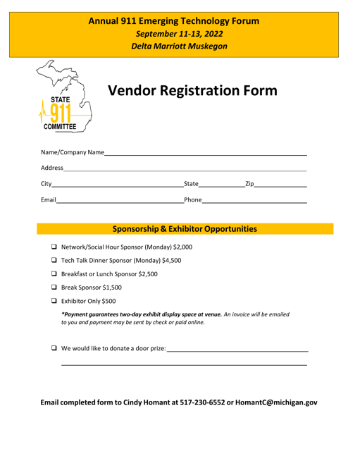 Vendor Registration Form - Annual 911 Emerging Technology Forum - Michigan Download Pdf