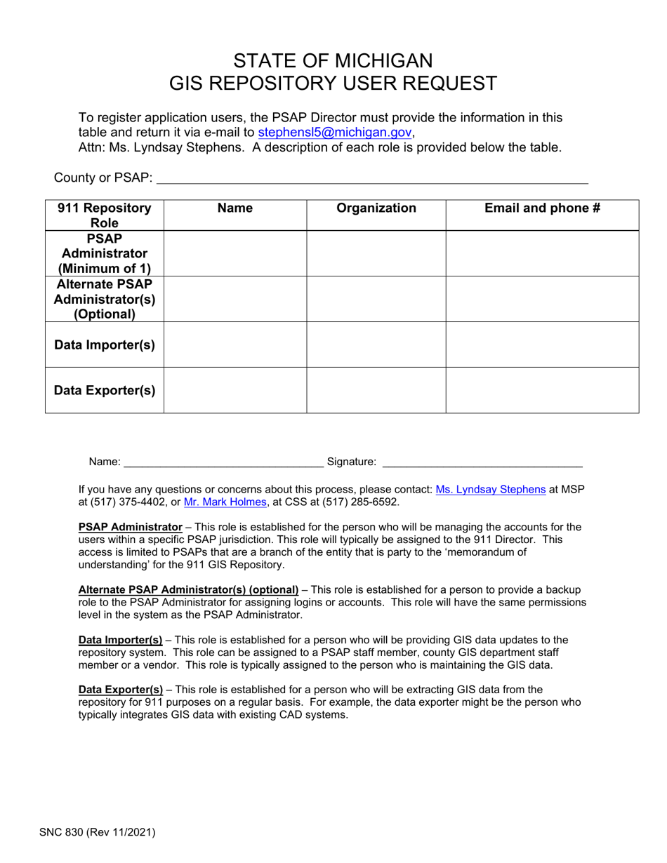 Form SNC830 Gis Repository User Request - Michigan, Page 1