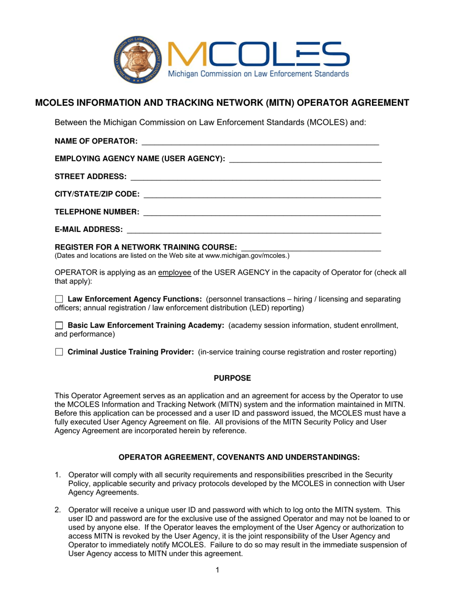 Mcoles Information and Tracking Network (Mitn) Operator Agreement - Michigan, Page 1