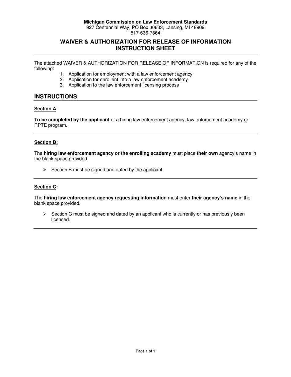Waiver and Authorization for Release of Information - Michigan, Page 1