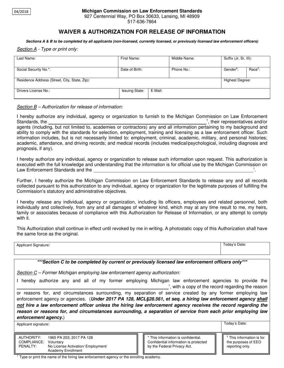 Waiver and Authorization for Release of Information - Michigan, Page 2