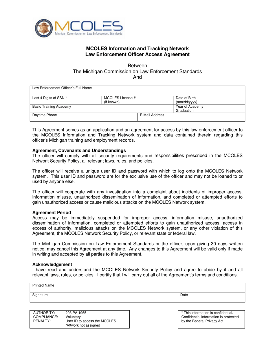 Mcoles Information and Tracking Network Law Enforcement Officer Access Agreement - Michigan, Page 1