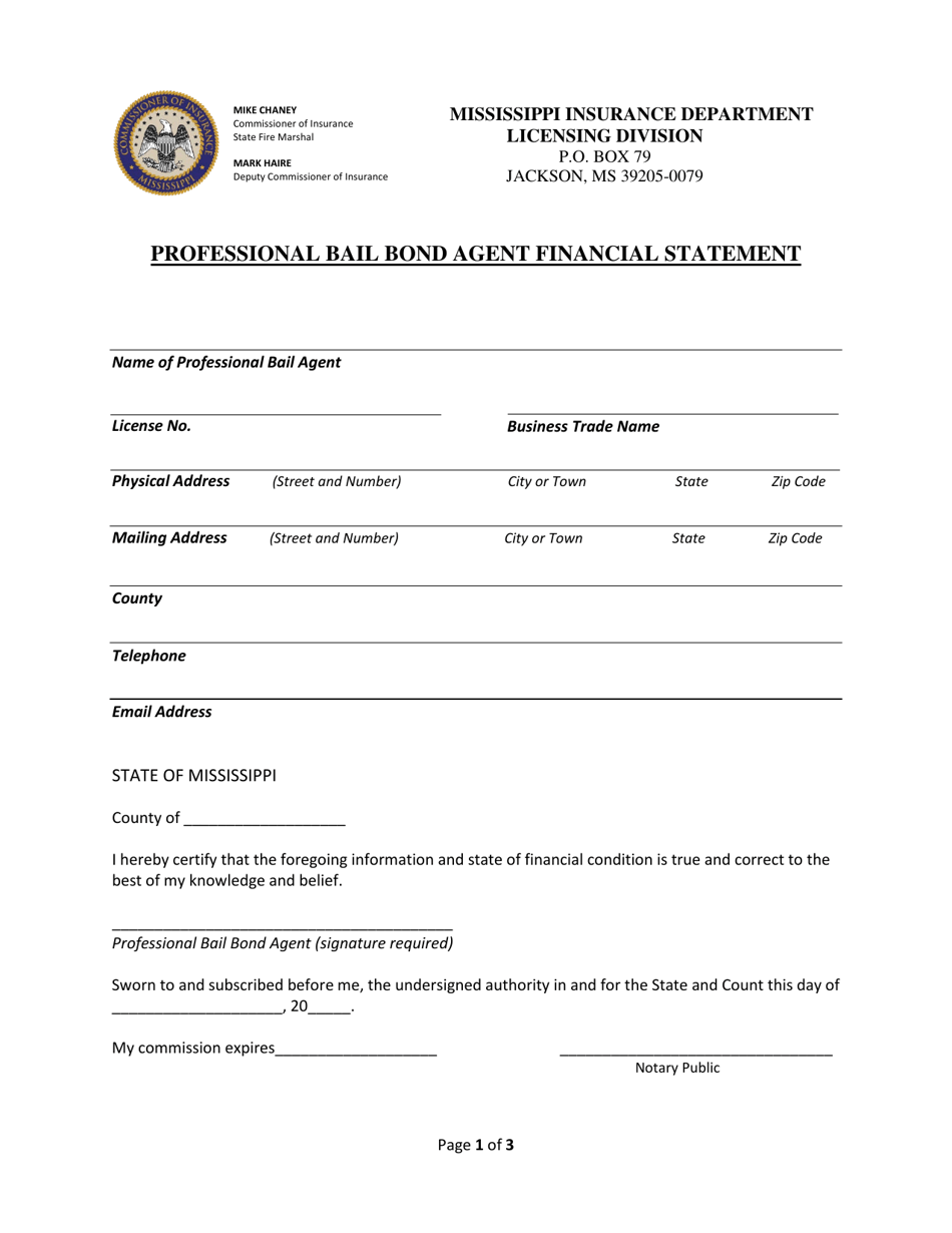 Professional Bail Bond Agent Financial Statement - Mississippi, Page 1
