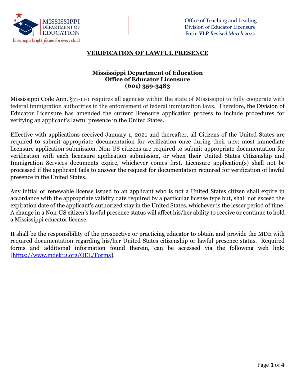 Mississippi Verification of Lawful Presence Fill Out, Sign Online and