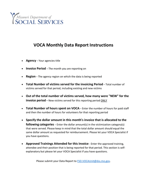 Instructions for Voca Monthly Data Report - Missouri Download Pdf
