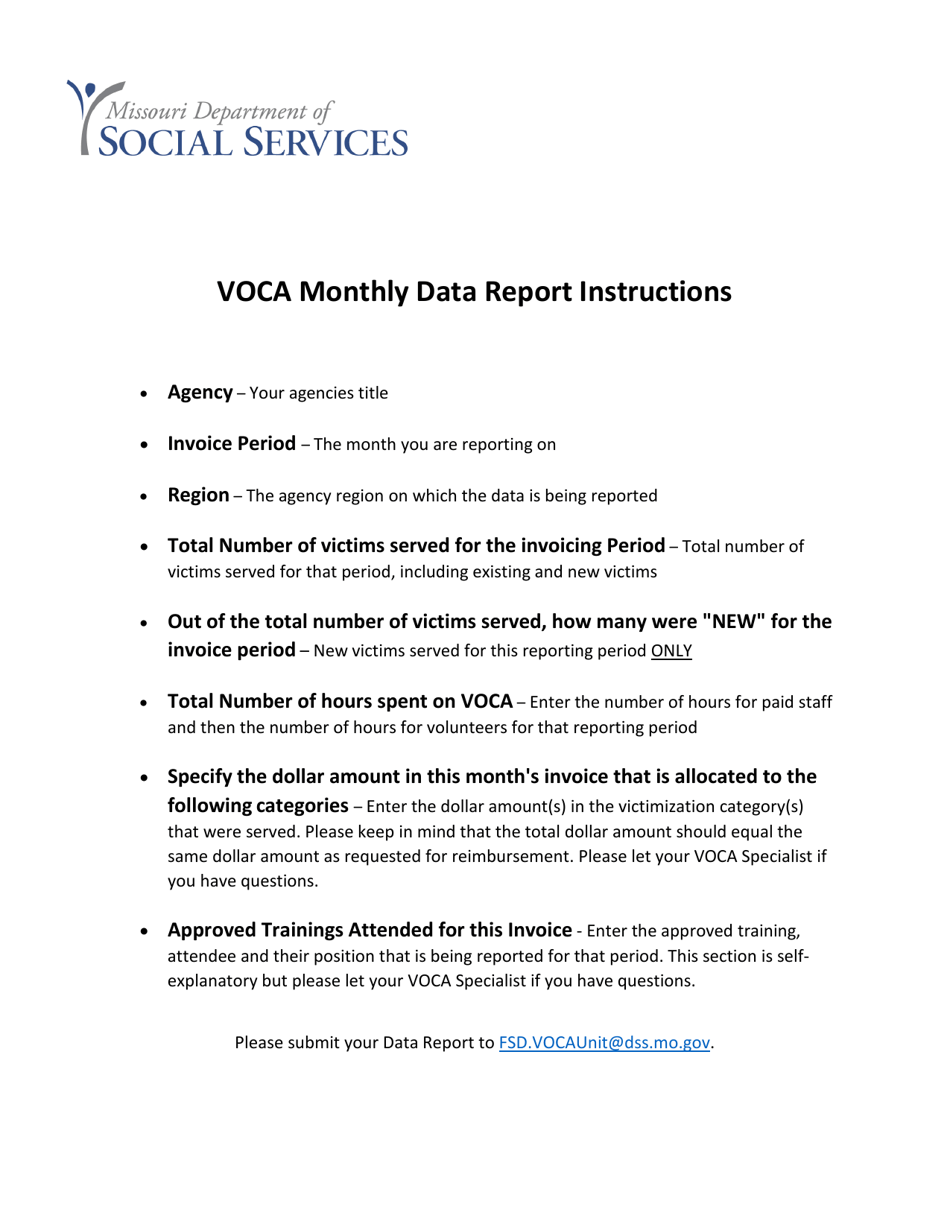 Instructions for Voca Monthly Data Report - Missouri, Page 1
