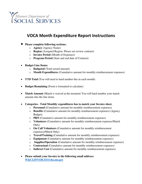 Instructions for Voca Month Expenditure Report - Missouri Download Pdf