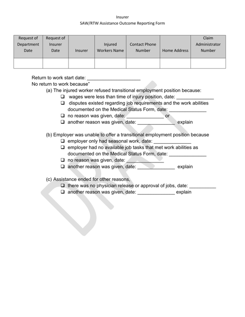 Insurer Saw / Rtw Assistance Outcome Reporting Form - Draft - Montana Download Pdf